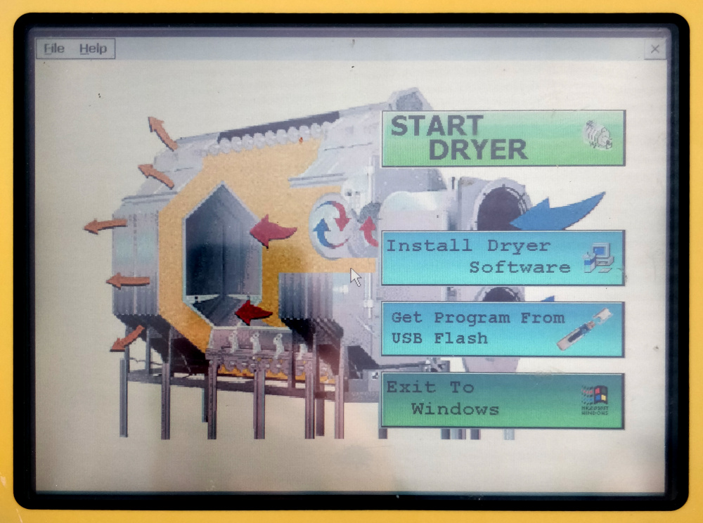 Welcome screen on the dryer's touchscreen featuring a Windows 95-era logo